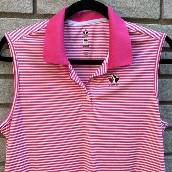 Hudson’s Bay Golf Canada Pink and White Striped Sleeveless Golf Polo Sz L - Picture 2 of 6